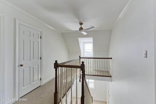 staircase featuring lofted ceiling, ceiling fan, carpet, and ornamental molding