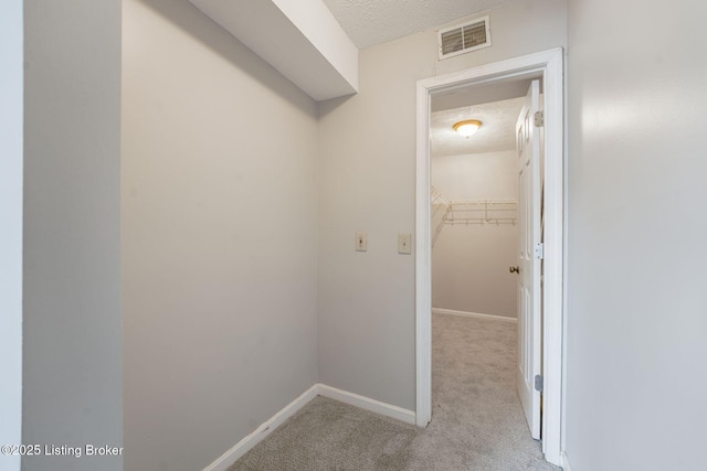 hall featuring light colored carpet and a textured ceiling