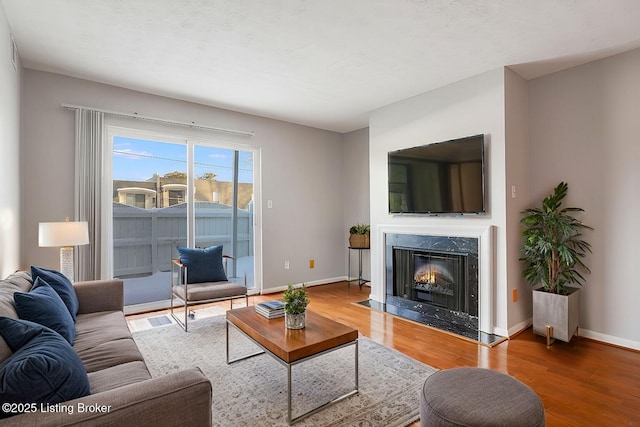 living room with hardwood / wood-style flooring and a fireplace