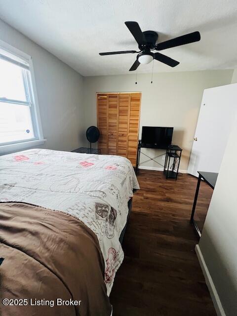 bedroom featuring a closet, ceiling fan, and dark hardwood / wood-style flooring