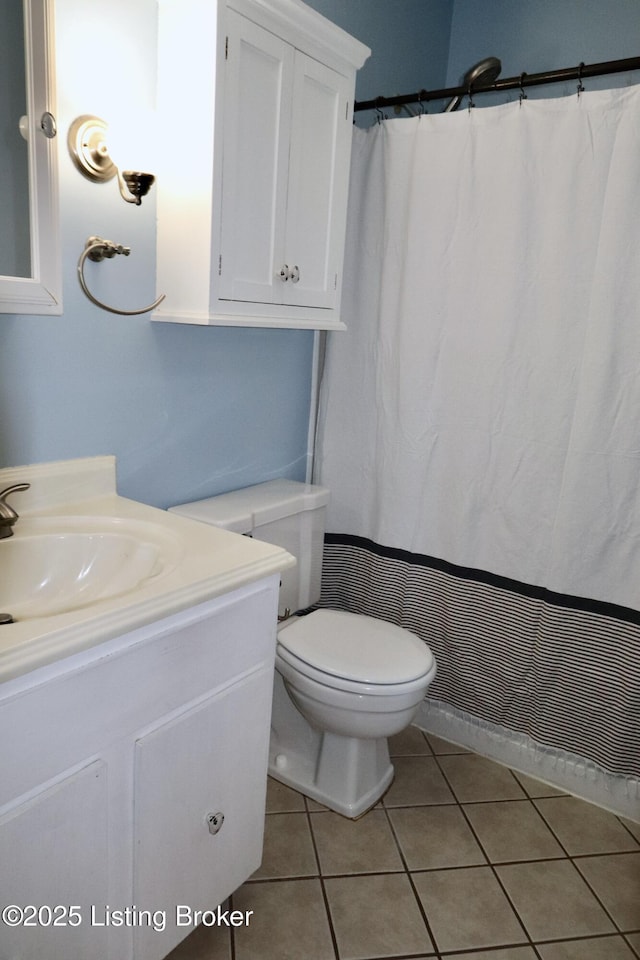 bathroom featuring toilet, tile patterned floors, and vanity