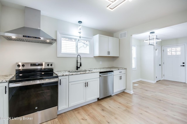 kitchen featuring appliances with stainless steel finishes, sink, white cabinetry, and wall chimney range hood