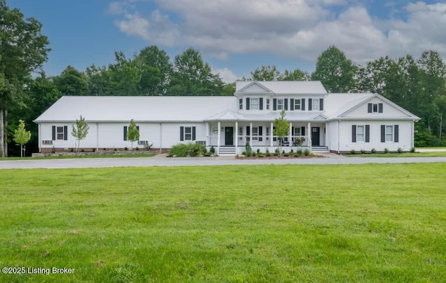 view of front of home with a porch and a front lawn