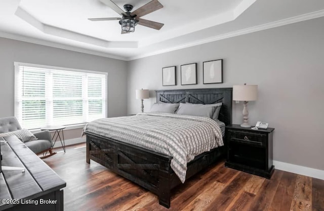 bedroom featuring a tray ceiling, multiple windows, and ceiling fan