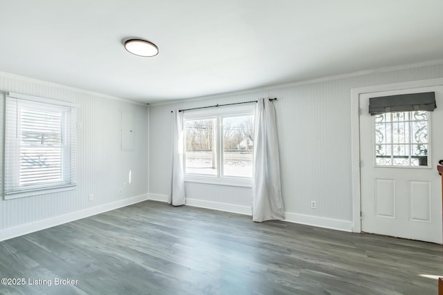 foyer entrance featuring ornamental molding and dark hardwood / wood-style floors