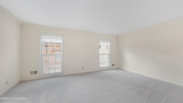 spare room featuring light colored carpet, ornamental molding, and a wealth of natural light