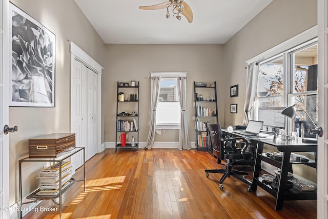 home office with ceiling fan and hardwood / wood-style flooring