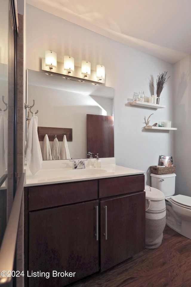 bathroom featuring toilet, wood-type flooring, and vanity