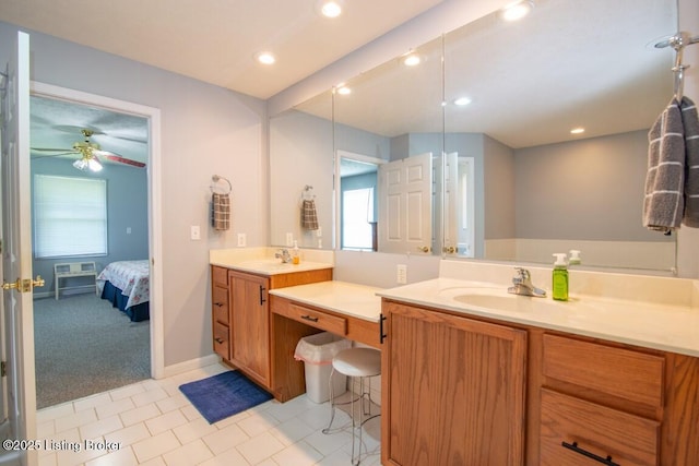 bathroom with vanity, tile patterned floors, and ceiling fan