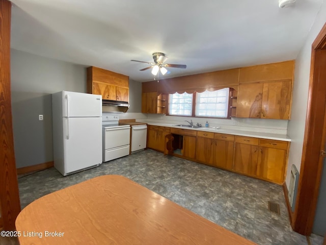 kitchen featuring sink, white appliances, ventilation hood, and ceiling fan