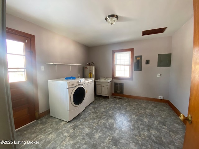 laundry room with cabinets, electric panel, water heater, and washing machine and clothes dryer