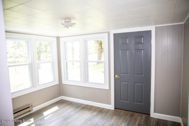 foyer featuring baseboard heating, hardwood / wood-style flooring, and a healthy amount of sunlight