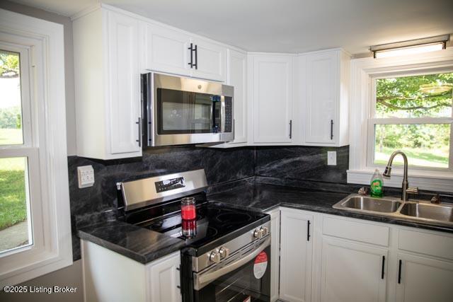 kitchen featuring appliances with stainless steel finishes, white cabinetry, tasteful backsplash, and sink