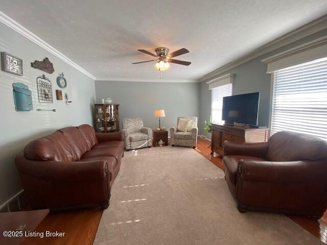 living room with ceiling fan, ornamental molding, and wood-type flooring