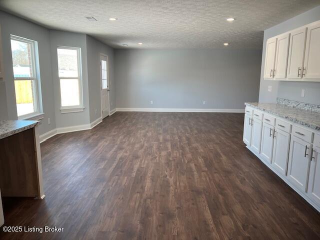 interior space featuring a textured ceiling and dark hardwood / wood-style floors