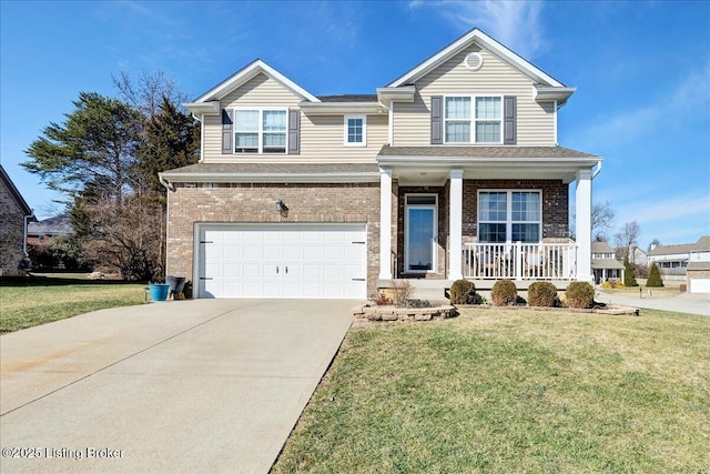 view of front of property featuring a garage, a porch, and a front yard