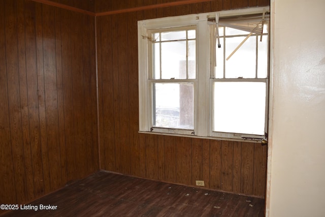 spare room featuring dark hardwood / wood-style flooring and wood walls