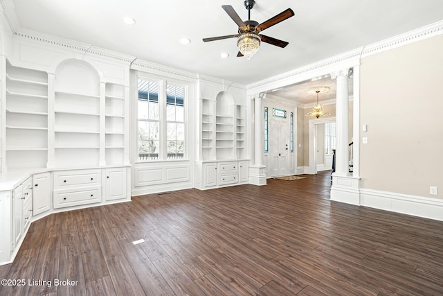 unfurnished living room with ceiling fan, built in features, crown molding, and dark hardwood / wood-style floors