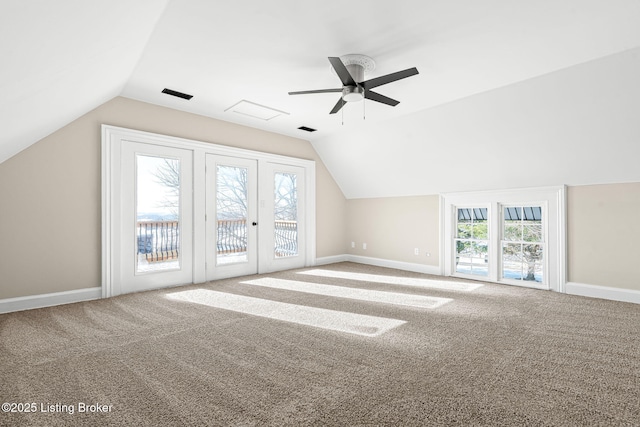 bonus room with vaulted ceiling, ceiling fan, and carpet floors