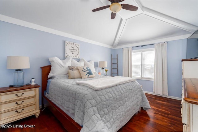 bedroom featuring dark wood-type flooring, ceiling fan, lofted ceiling, and crown molding