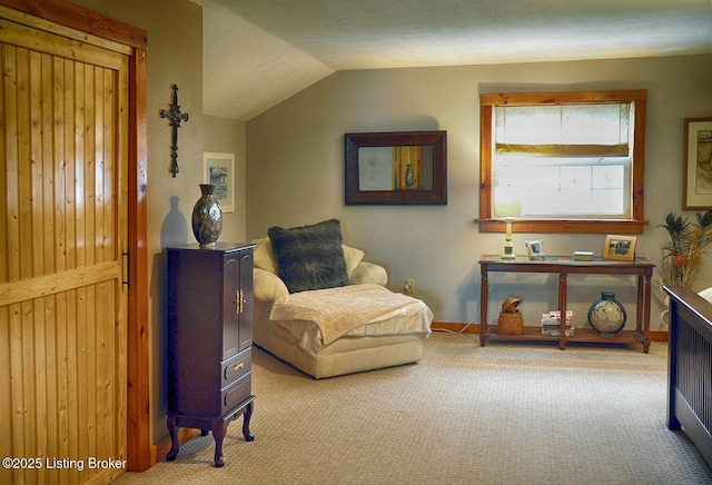 living area featuring vaulted ceiling and carpet floors