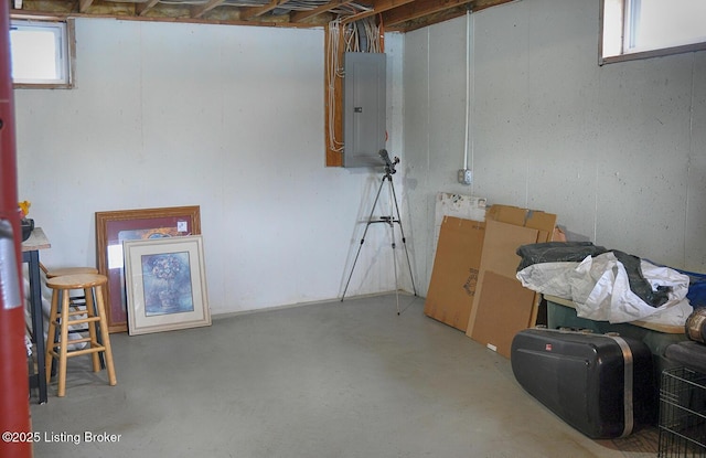 basement with a wealth of natural light and electric panel