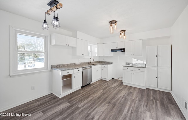 kitchen with dishwasher, dark hardwood / wood-style floors, sink, white cabinetry, and hanging light fixtures