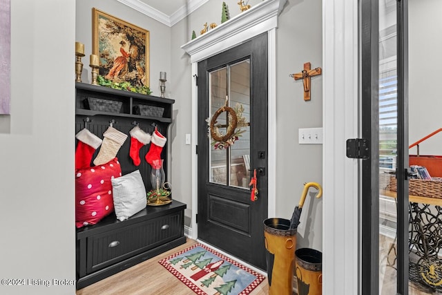 mudroom with ornamental molding and wood-type flooring