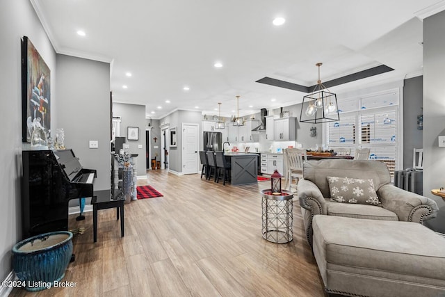 living room featuring light hardwood / wood-style floors, ornamental molding, and a raised ceiling