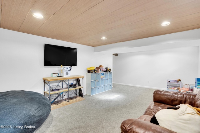 living room featuring carpet flooring and wooden ceiling