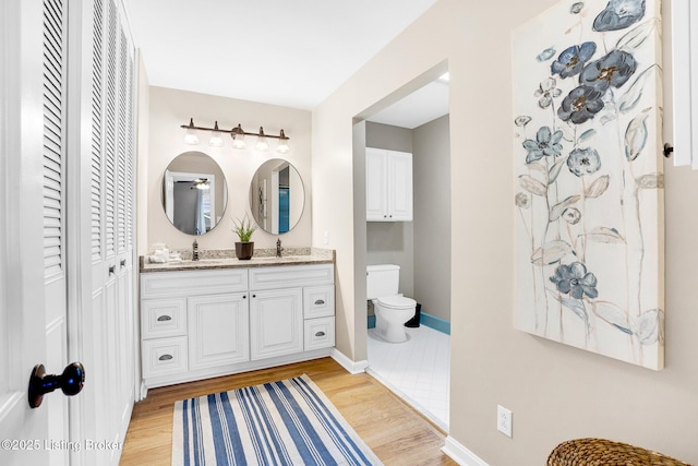 bathroom with wood-type flooring, vanity, and toilet