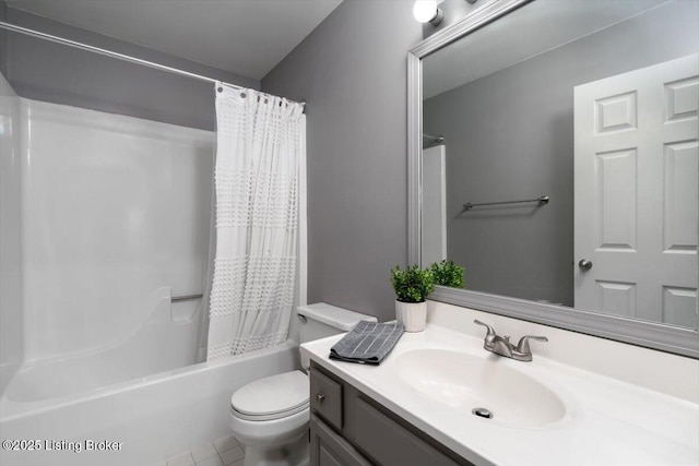 full bathroom with vanity, shower / bath combination with curtain, and toilet