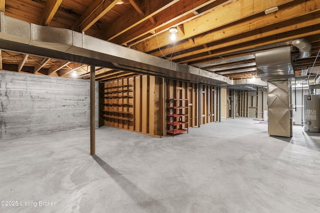 basement with heating unit and water heater