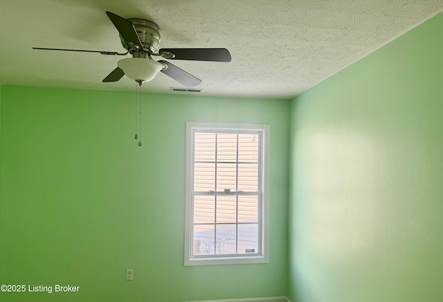 spare room featuring ceiling fan and a textured ceiling