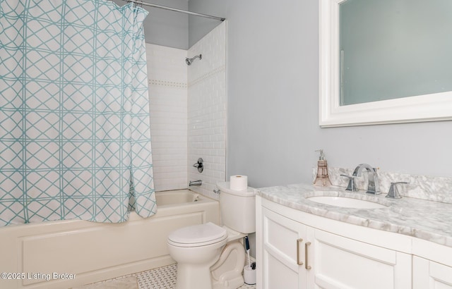 full bathroom with toilet, tile patterned floors, shower / bath combination with curtain, and vanity