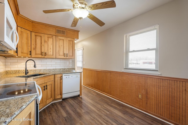 kitchen featuring dark wood-type flooring, white appliances, plenty of natural light, and sink