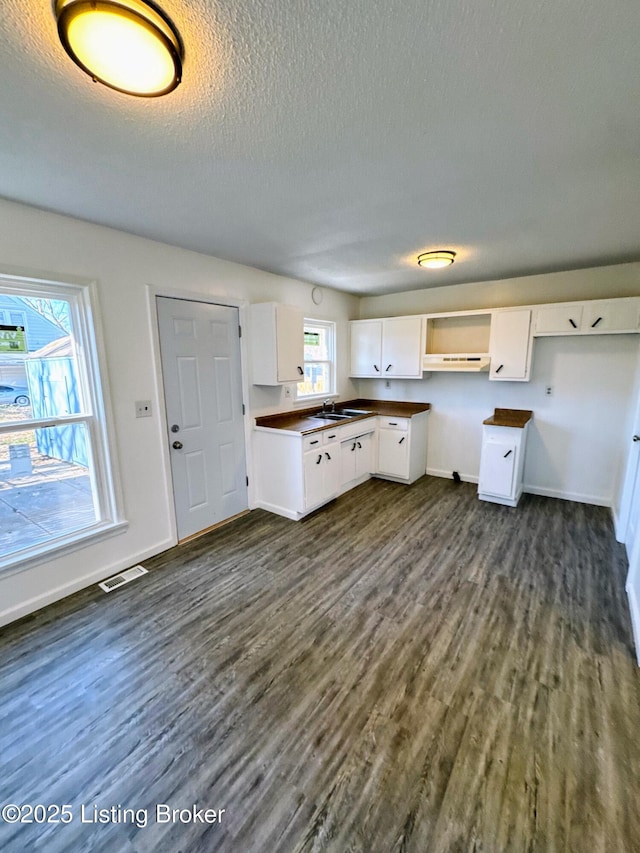 kitchen with dark wood-type flooring, white cabinetry, sink, and a textured ceiling