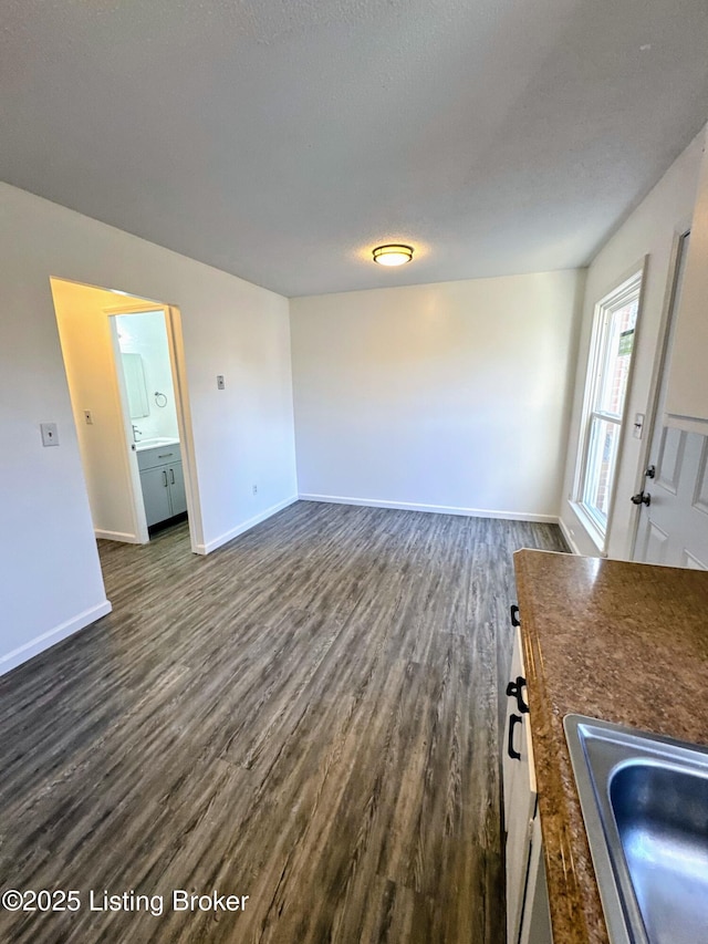 unfurnished living room featuring sink, a textured ceiling, and dark hardwood / wood-style floors