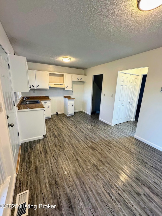 kitchen with a textured ceiling, dark hardwood / wood-style flooring, white cabinets, and sink