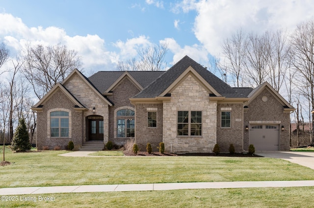 view of front of home with brick siding, a front yard, and a shingled roof