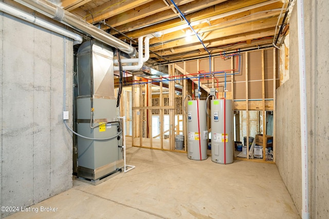 basement with electric water heater and heating unit