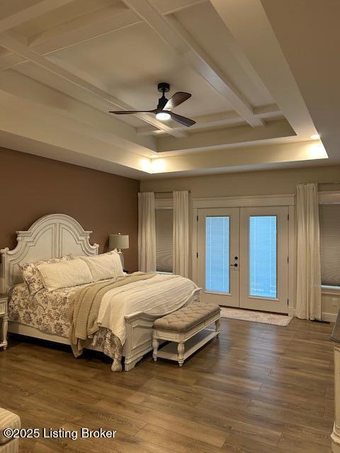 bedroom featuring french doors, ceiling fan, access to exterior, and dark hardwood / wood-style floors