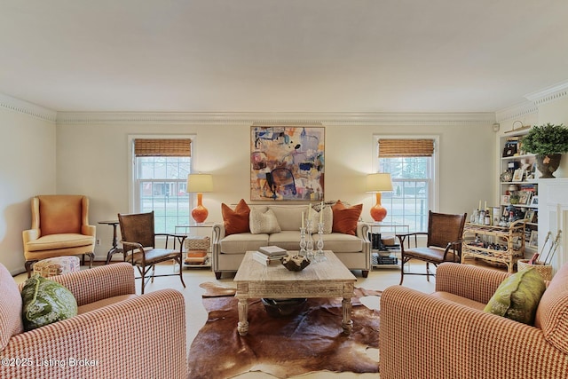 carpeted living room with a wealth of natural light and ornamental molding