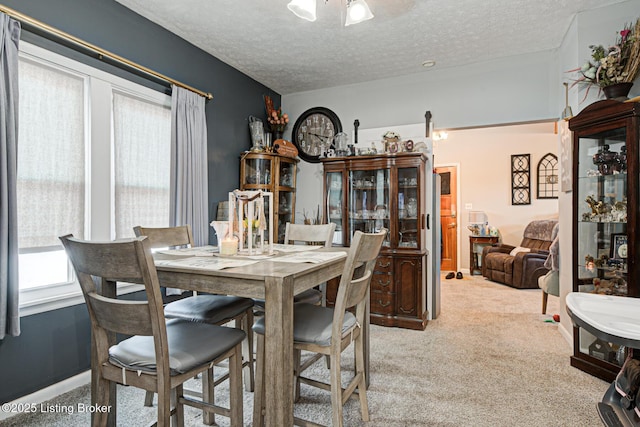 dining room with light carpet and a textured ceiling