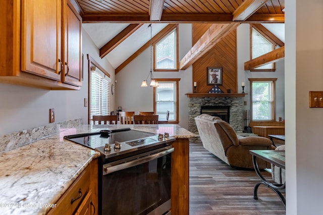 kitchen featuring a fireplace, dark hardwood / wood-style floors, a notable chandelier, stainless steel electric range, and high vaulted ceiling