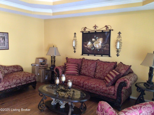 living room featuring ornamental molding, a raised ceiling, and hardwood / wood-style floors