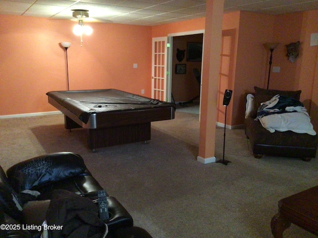 recreation room featuring a drop ceiling, pool table, and light colored carpet