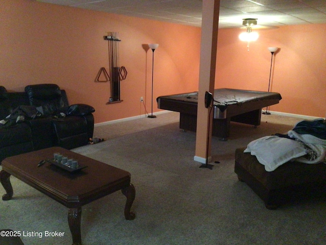 playroom with billiards and carpet flooring