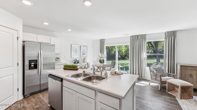 kitchen featuring dark hardwood / wood-style floors, a center island with sink, sink, appliances with stainless steel finishes, and white cabinets