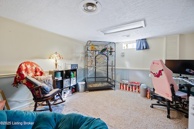 recreation room featuring a textured ceiling and carpet floors